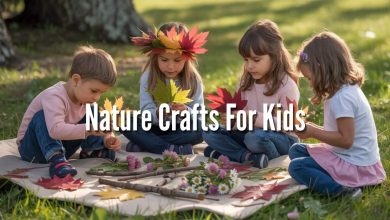 kids creating nature crafts with leaves, sticks, and flowers outdoors