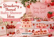 Strawberry themed baby shower ideas with pink decor, desserts, and berry party setup