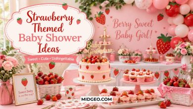 Strawberry themed baby shower ideas with pink decor, desserts, and berry party setup