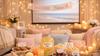 The Summer I Turned Pretty Watch Party setup with cozy seating, fairy lights, themed snacks, and aesthetic decorations