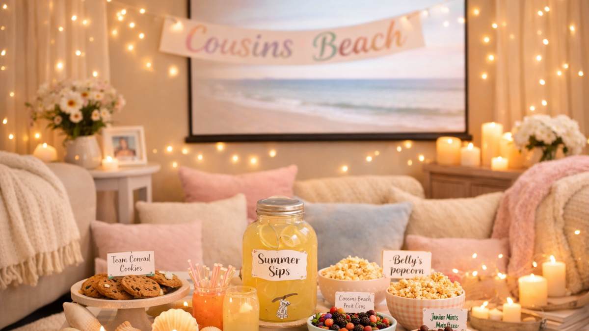The Summer I Turned Pretty Watch Party setup with cozy seating, fairy lights, themed snacks, and aesthetic decorations
