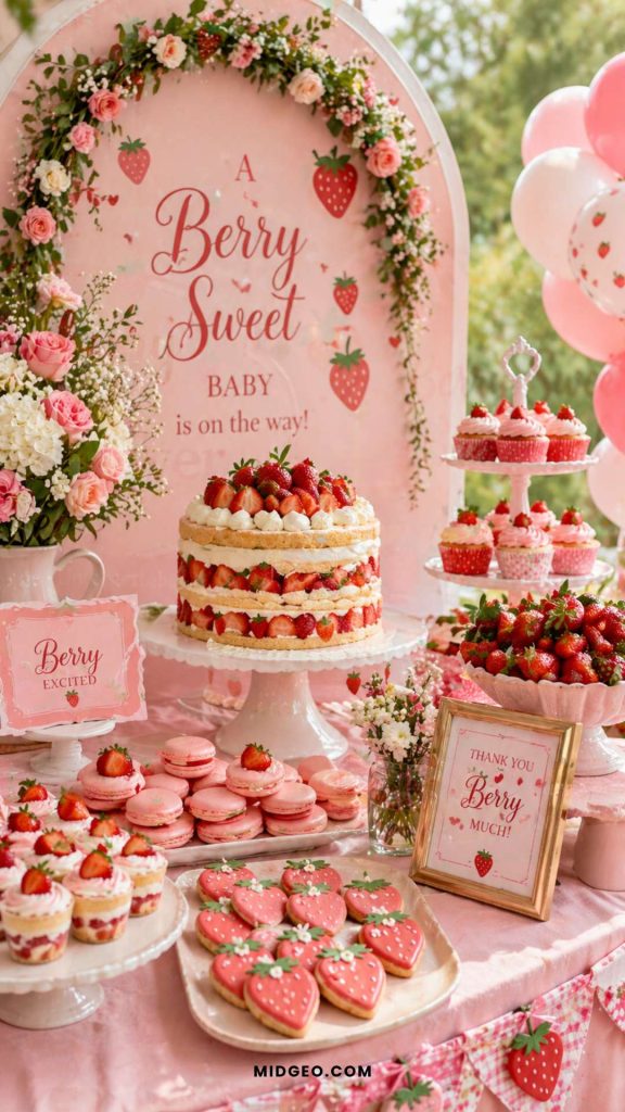 dreamy strawberry themed baby shower dessert table