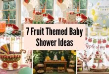 fruit themed baby shower ideas with colorful decorations, balloons, and dessert table setup