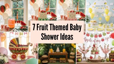 fruit themed baby shower ideas with colorful decorations, balloons, and dessert table setup