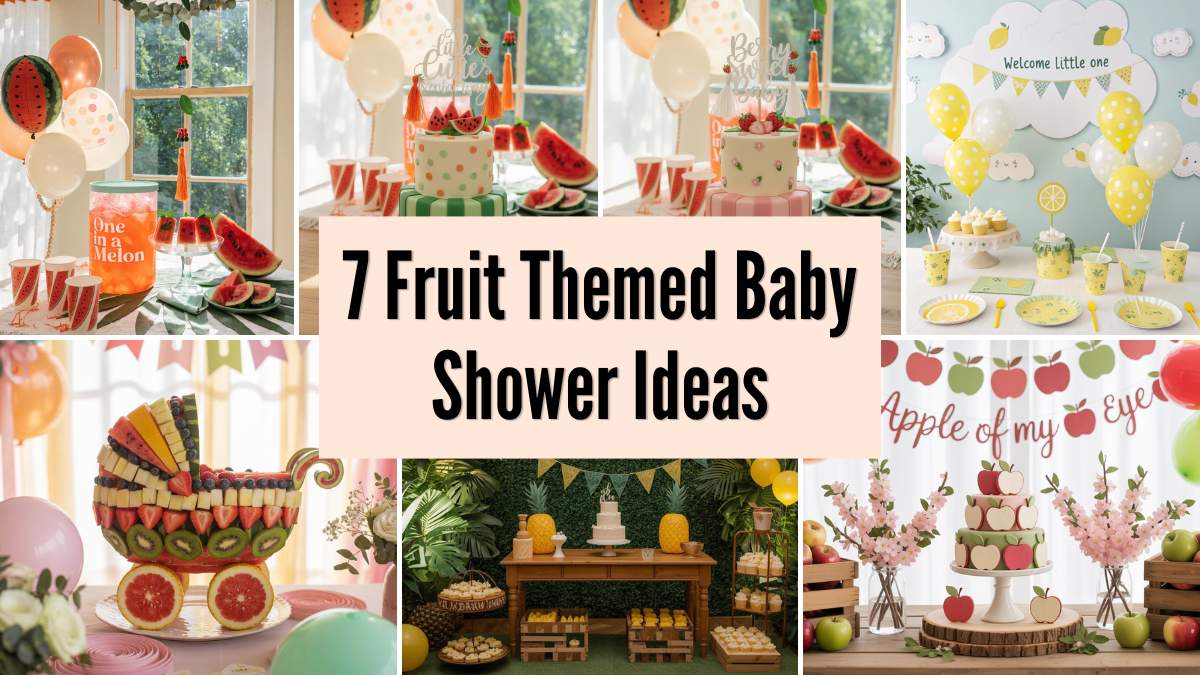 fruit themed baby shower ideas with colorful decorations, balloons, and dessert table setup