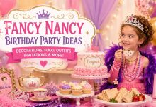 Fancy Nancy birthday party setup with colorful decorations and balloon arch
