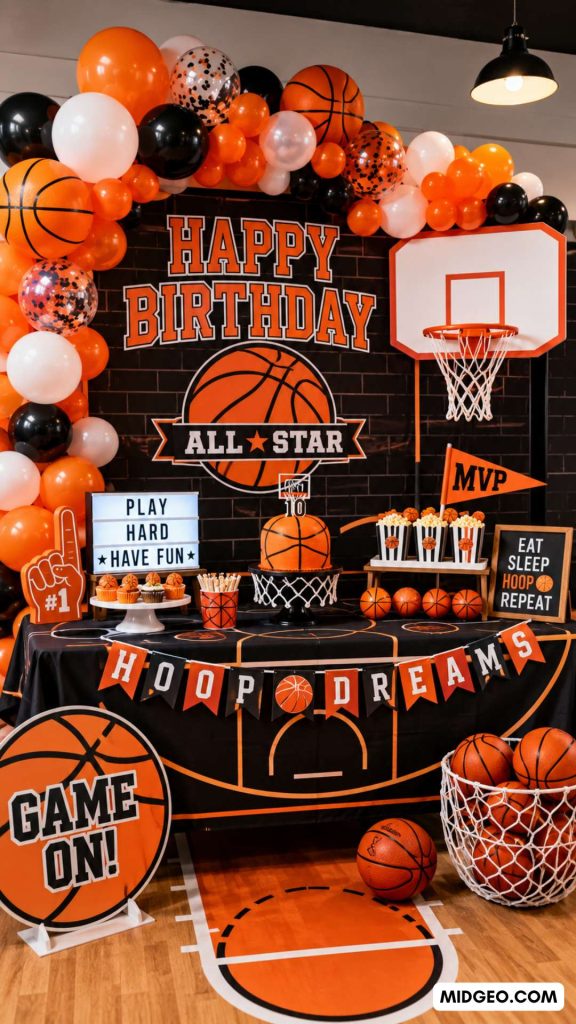 10 Amazing Sports Themed Birthday Party Ideas Kids Will Never Forget 2 Basketball birthday party decorations featuring orange balloons and hoop displays