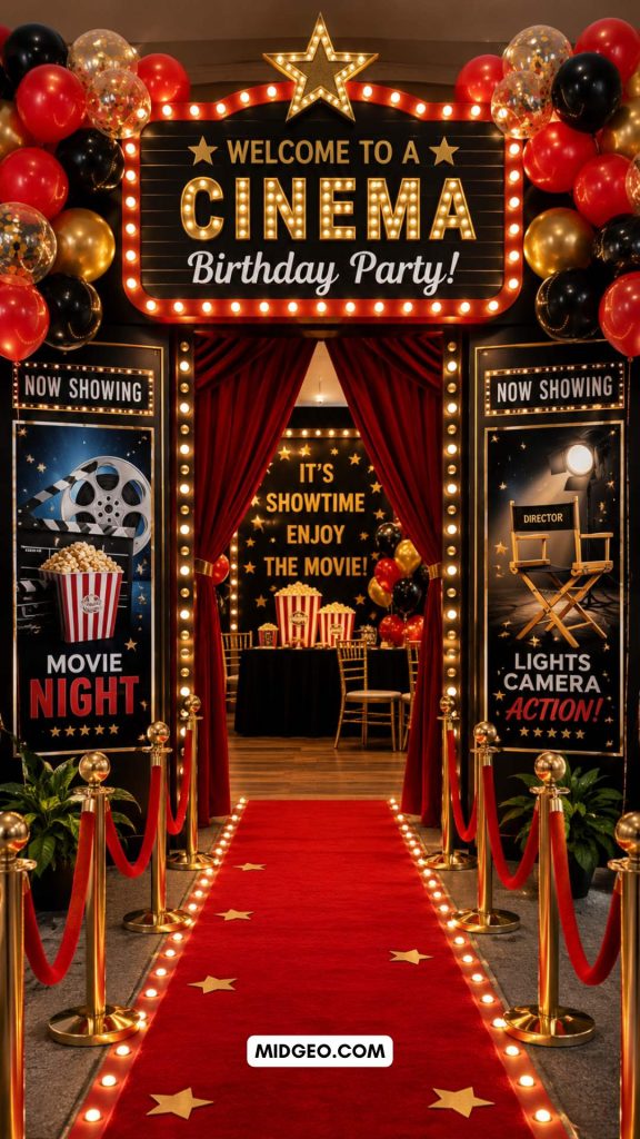 Movie Night Birthday Party: 17 Brilliant Ideas for an Unforgettable Cinema-Themed Celebration 4 Cinema birthday party red carpet entrance with movie posters