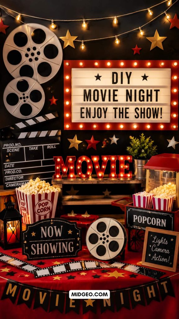 Movie Night Birthday Party: 17 Brilliant Ideas for an Unforgettable Cinema-Themed Celebration 2 DIY movie night decorations featuring film reels and marquee signs