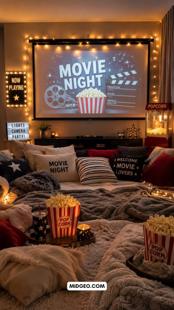 Movie Night Birthday Party: 17 Brilliant Ideas for an Unforgettable Cinema-Themed Celebration 3 Indoor movie night party setup with blankets, pillows, and projector screen