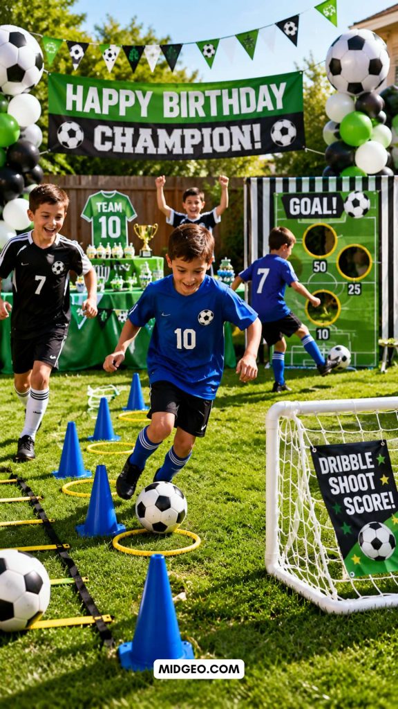 Kids playing soccer party games during outdoor birthday celebration