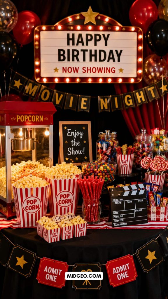 Movie Night Birthday Party: 17 Brilliant Ideas for an Unforgettable Cinema-Themed Celebration 5 Movie theater themed birthday party snack station with popcorn and candy