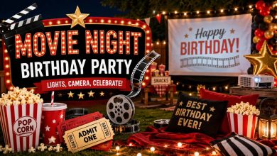 Outdoor movie night birthday party setup with projector and cozy seating