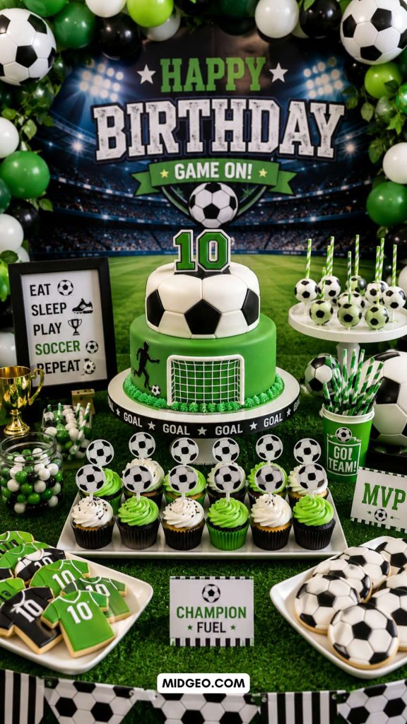 Soccer birthday party dessert table with themed cake and cupcakes