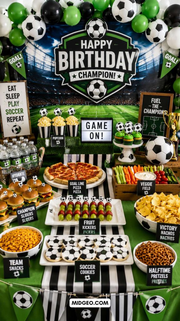 Soccer birthday party food table with snacks and stadium decorations