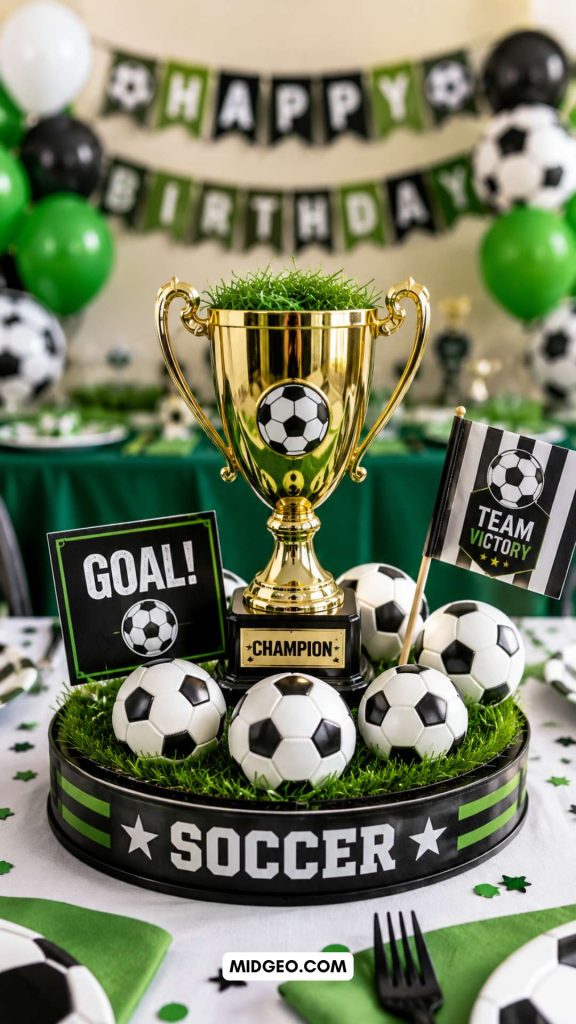 Soccer themed centerpiece with trophy and mini soccer balls