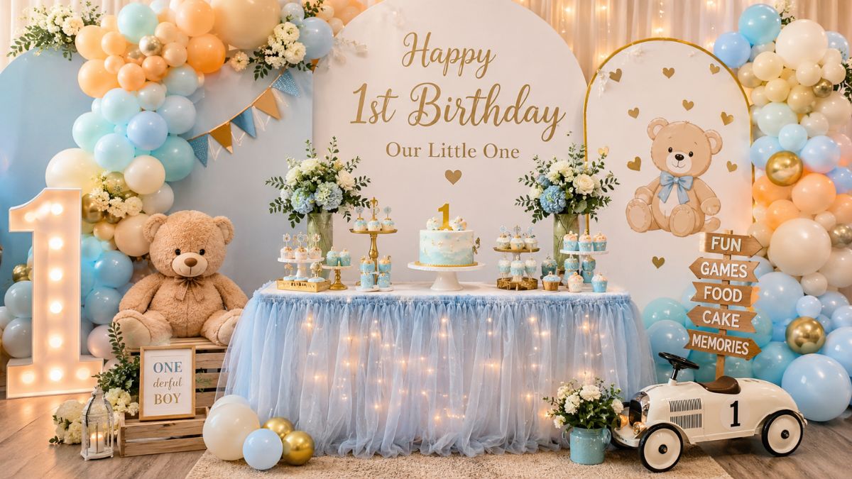 Beautiful baby 1st birthday party ideas with colorful decorations, birthday backdrop, balloons, cake table, and first birthday party decorations.