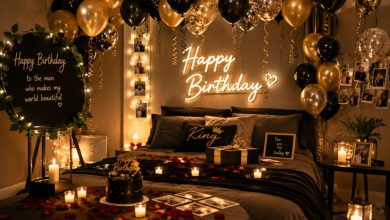 Elegant Birthday Set Up Ideas For Him featuring balloons, candles, personalized décor and surprise birthday decorations