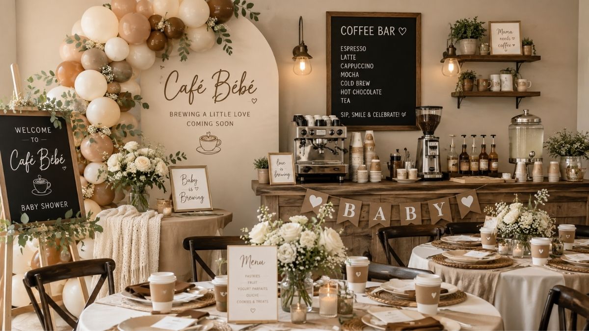 Elegant Cafe Bebe Baby Shower Theme with coffee bar and neutral décor