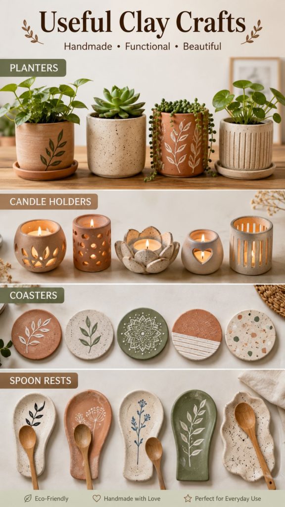 Useful Things to Make Out of Clay: 35 Creative & Practical DIY Clay Projects You'll Actually Use (2026 Guide) 2 Useful clay crafts including planters, candle holders, coasters, and spoon rests.