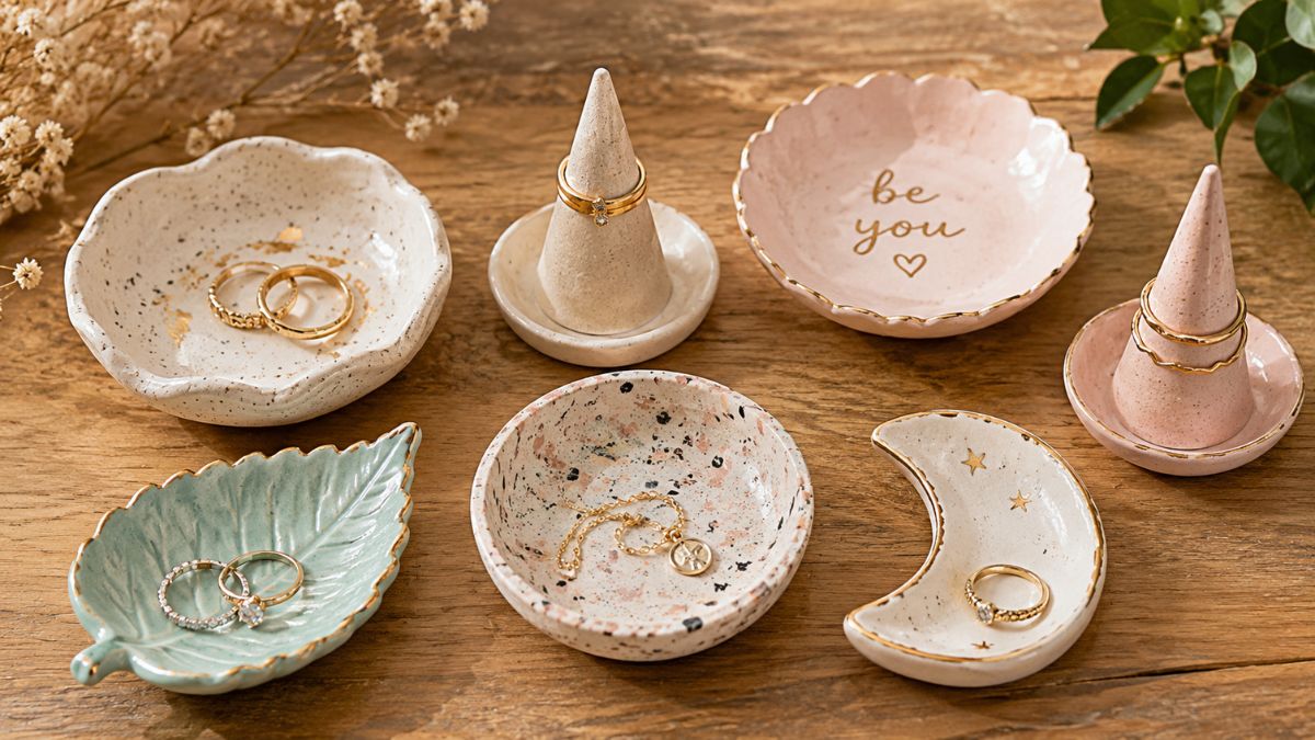 handmade jewelry dishes and ring holders made from air dry clay on a wooden table