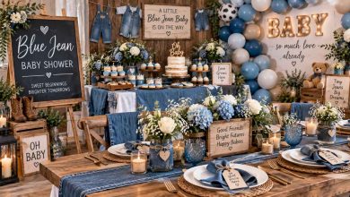 Blue Jean Baby Shower Theme with denim inspired table decorations, blue florals, baby shower centerpieces, rustic accents, and charming celebration details.