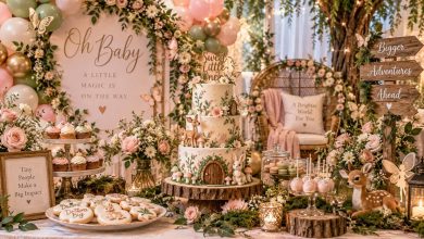 Elegant whimsical baby shower featuring fairy inspired decorations floral centerpieces pastel balloons unique baby shower cake, and enchanting woodland décor