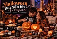 Halloween date night ideas for couples featuring pumpkin carving, cozy candles, spooky treats, and a romantic fall evening setup