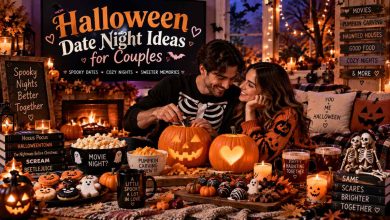 Halloween date night ideas for couples featuring pumpkin carving, cozy candles, spooky treats, and a romantic fall evening setup
