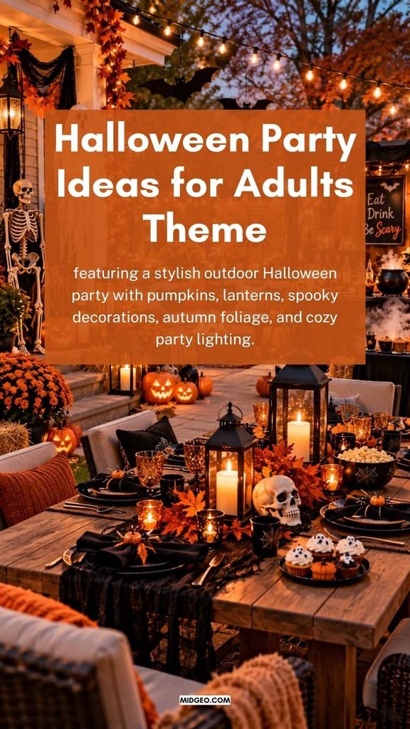 Halloween party ideas for adults theme featuring a stylish outdoor Halloween party