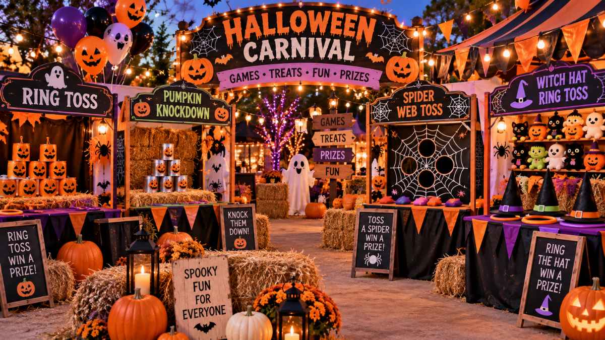 halloween carnival games featuring kids friendly booths