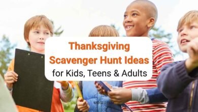 Thanksgiving scavenger hunt ideas for kids, teens, and adults with autumn nature lists, outdoor clues, and family activities