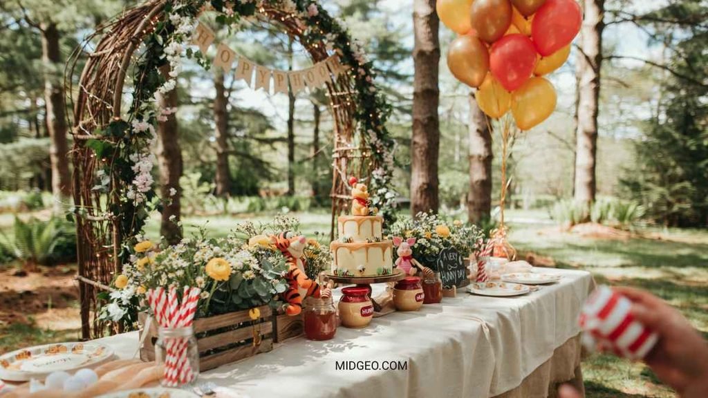 16 Winnie the Pooh Birthday Party Ideas: Decorations, Cake, Food & More 2 winnie the pooh birthday party with honey pot decorations a woodland backdrop