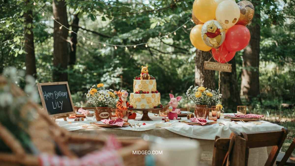 winnie the pooh birthday party with honey pot decorations